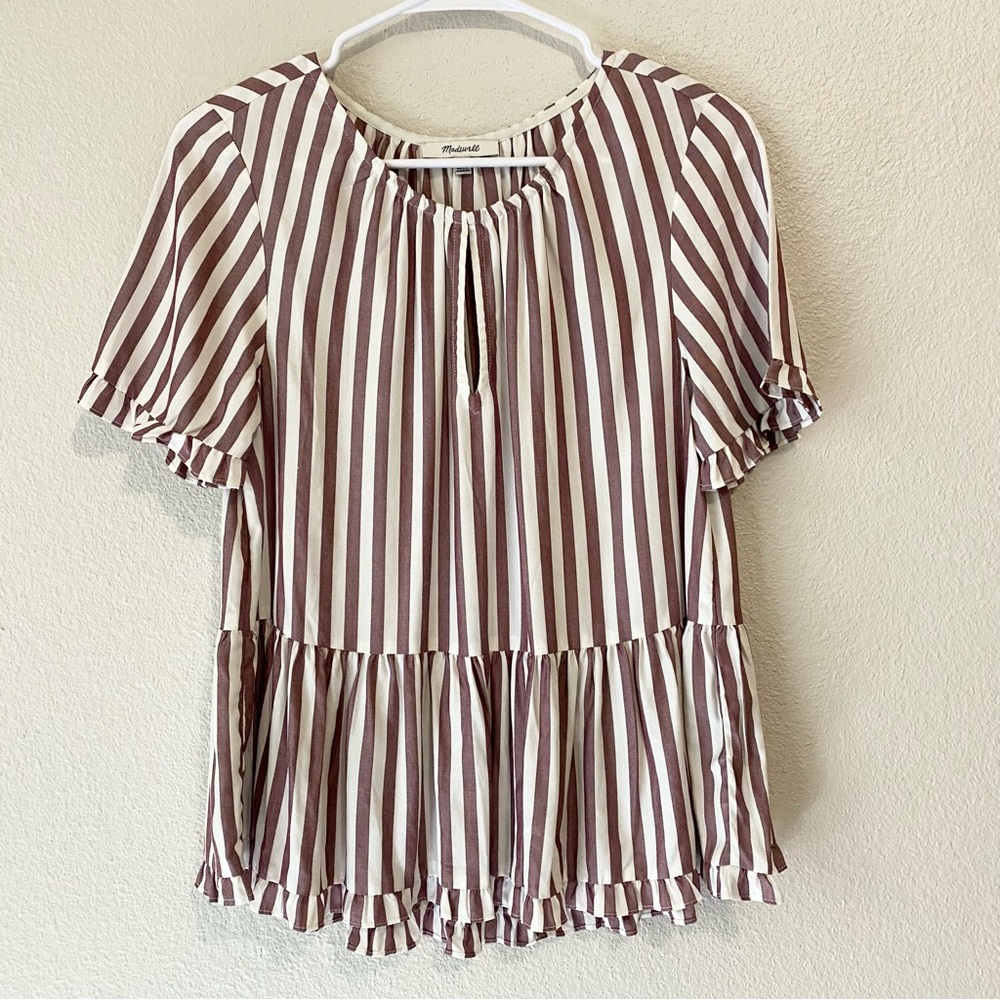Madewell Stanza Ruffle Hem Top Small Striped Short Sleeve Peplum Preppy Cottage - Picture 6 of 12